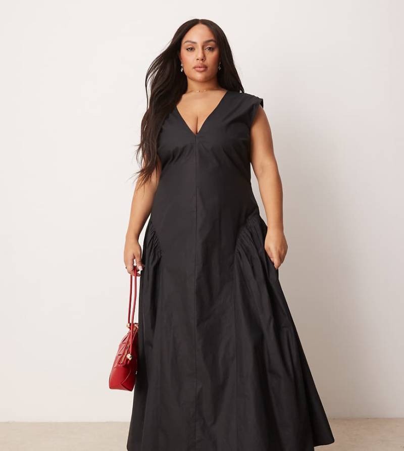 ASOS DESIGN Curve - Schlichtes Midikleid in Schwarz mit Godet-Falten am Saum und V-Ausschnitt-Grün von ASOS Curve