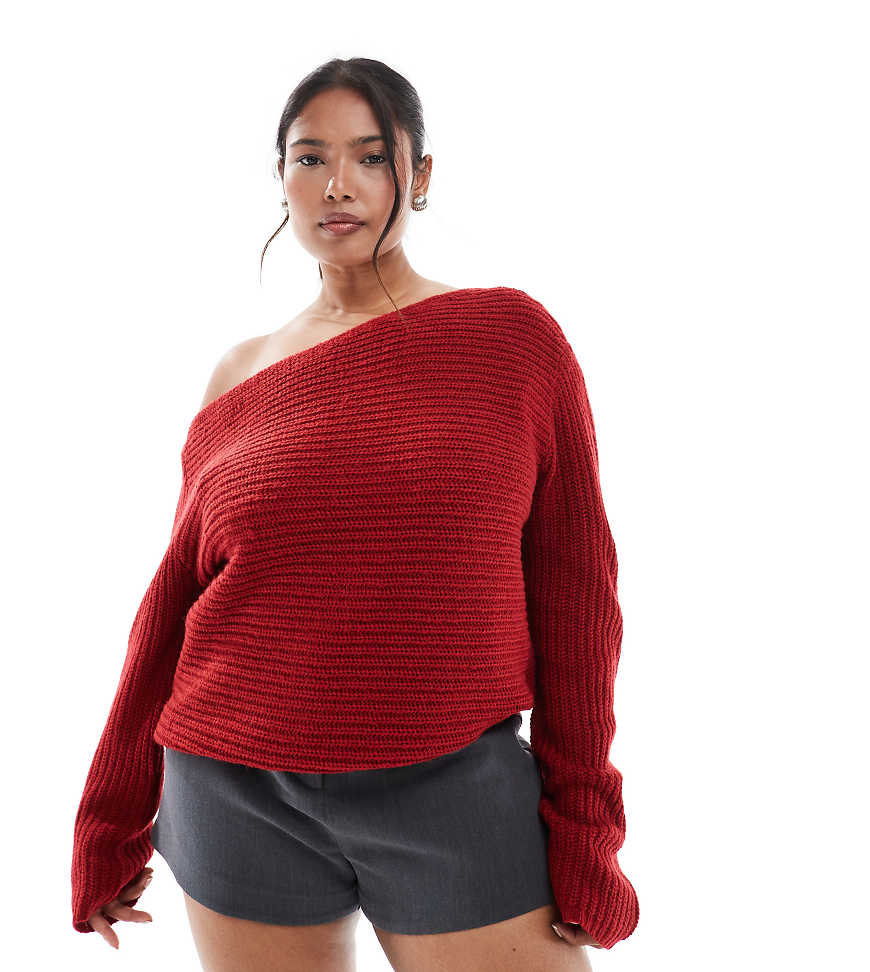 ASOS DESIGN Curve - Schulterfreier, lockerer Strickpullover in Rot von ASOS Curve