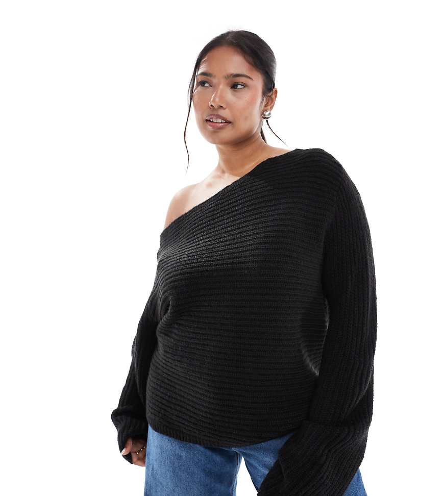 ASOS DESIGN Curve - Schulterfreier, lockerer Strickpullover in Schwarz von ASOS Curve