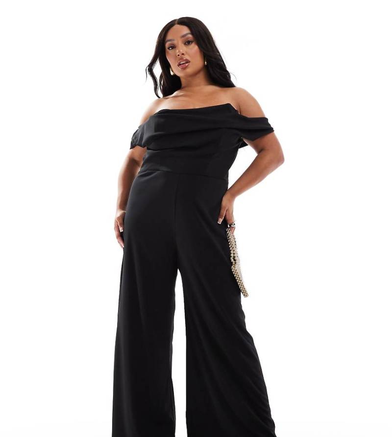 ASOS DESIGN Curve - Schulterfreier Jumpsuit in Schwarz mit drapiertem Ausschnitt von ASOS Curve