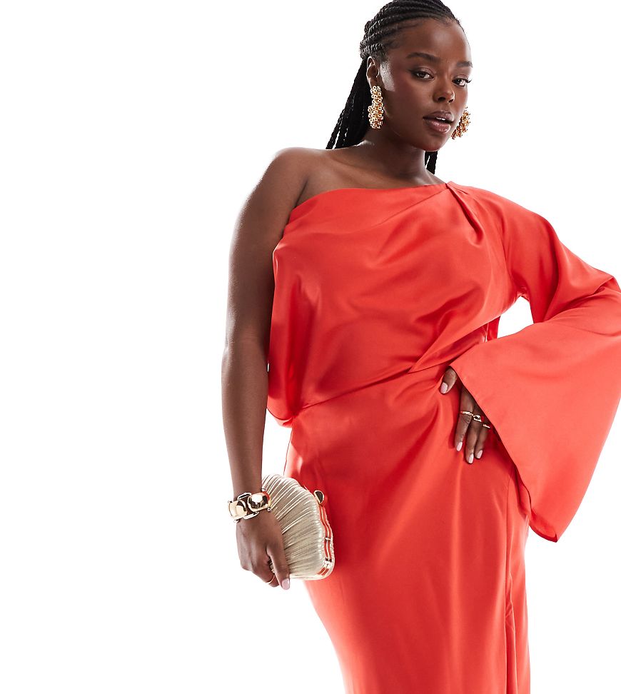 ASOS DESIGN Curve - Schulterfreies, asymmetrisches Satin-Maxikleid in Rot von ASOS Curve