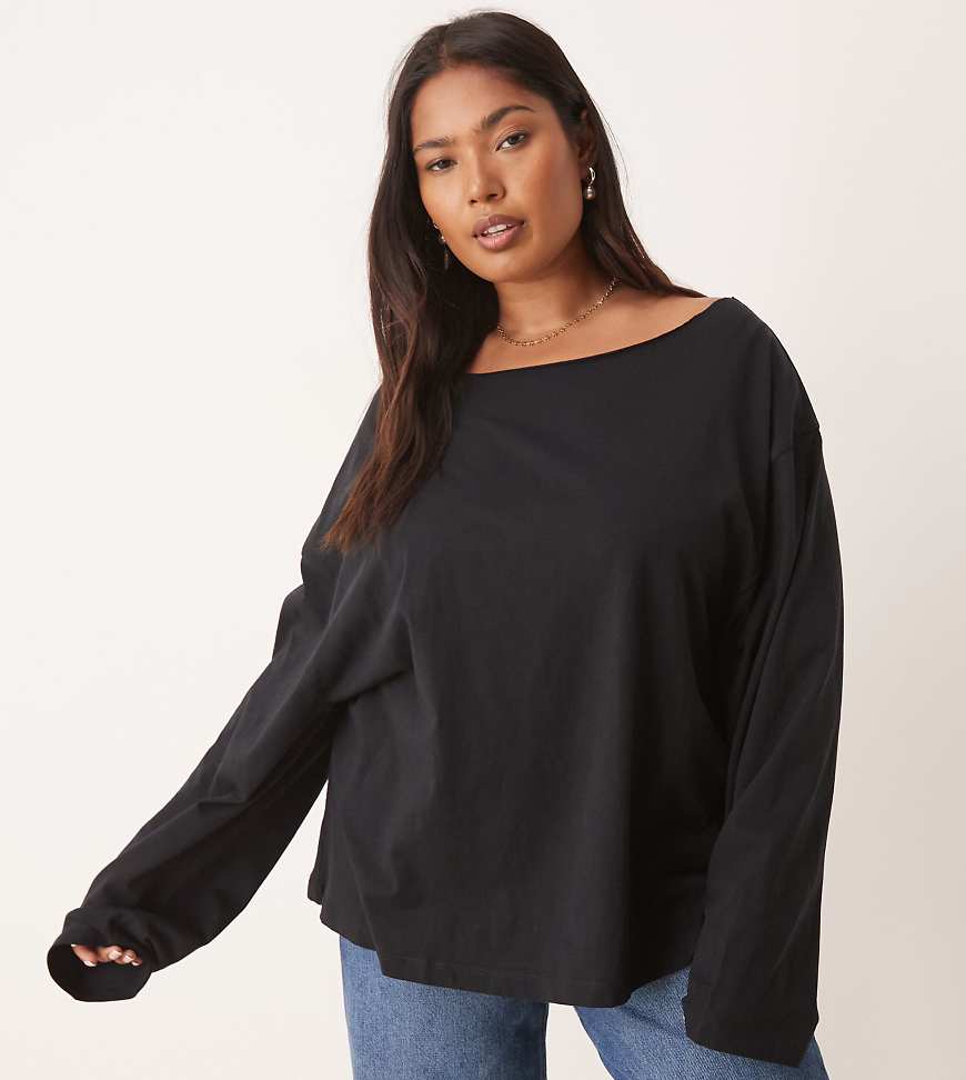 ASOS DESIGN Curve - Schulterfreies, langärmliges T-Shirt-Schwarz von ASOS Curve