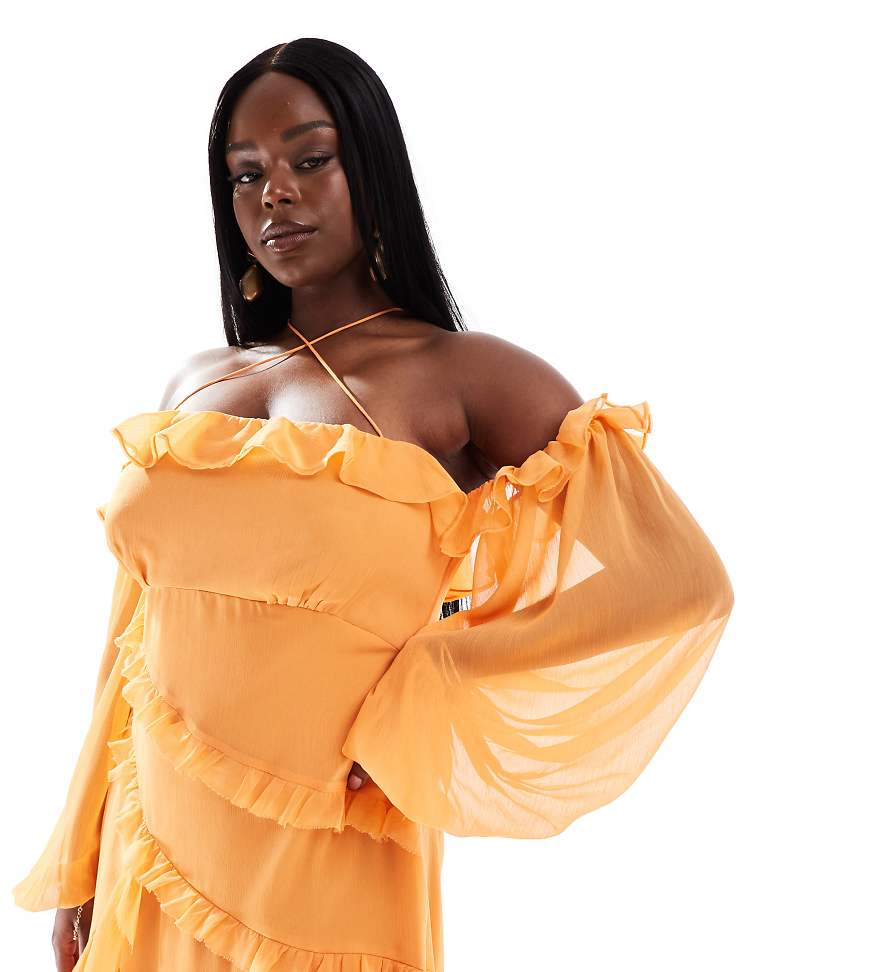 ASOS DESIGN Curve - Schulterfreies Maxikleid in Orange mit überkreuztem Ausschnitt und Rüschen von ASOS Curve