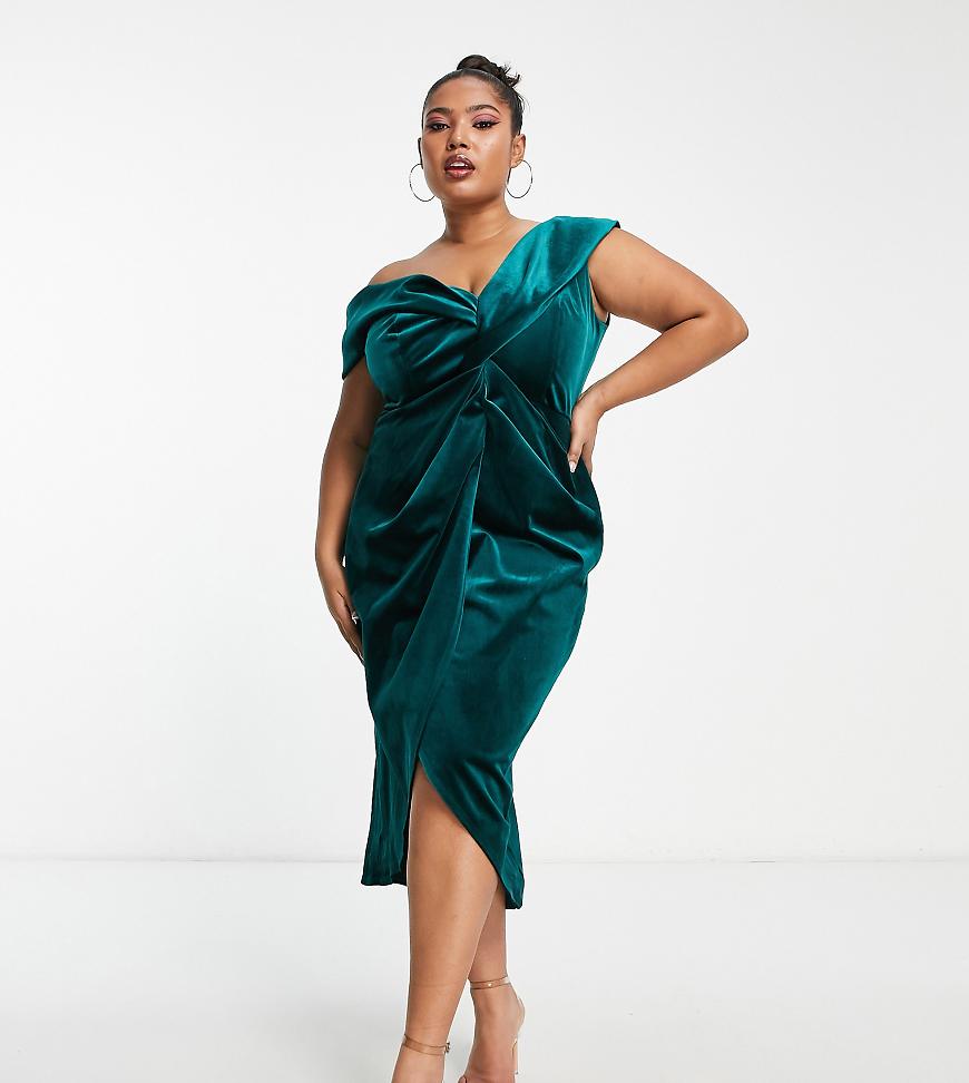 ASOS DESIGN Curve - Schulterfreies Midi-Wickelkleid aus Samt in Waldgrün mit verdrehter Vorderseite von ASOS Curve