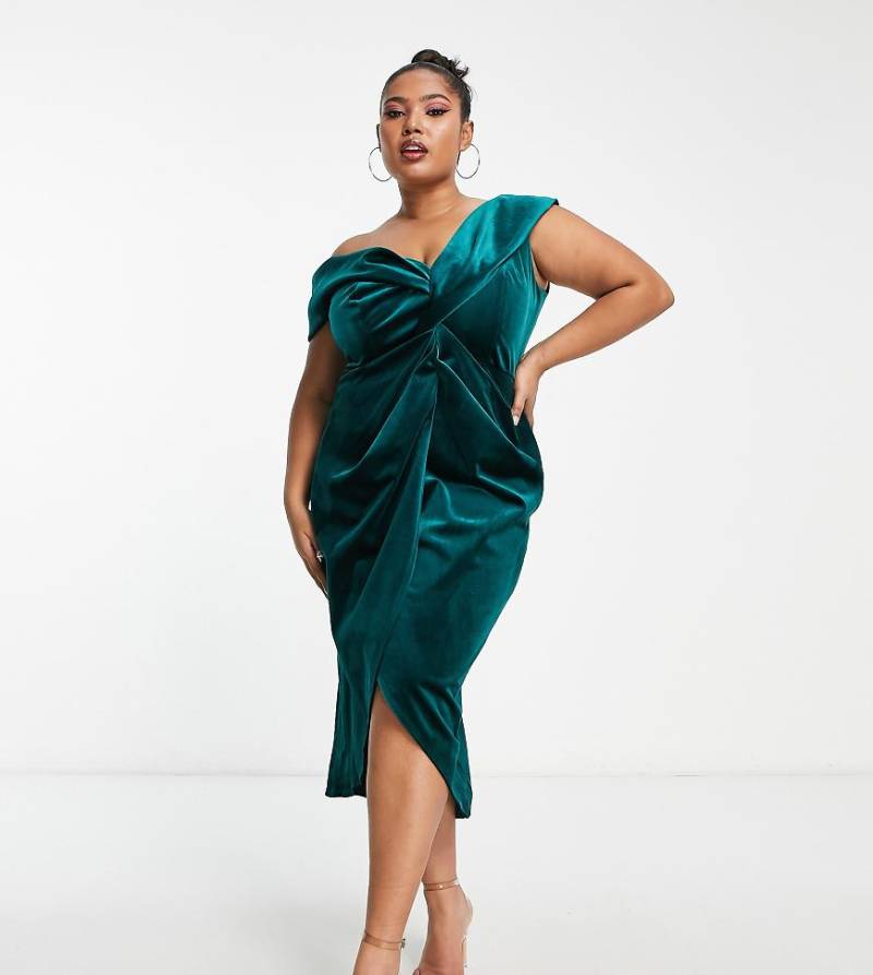 ASOS DESIGN Curve - Schulterfreies Midi-Wickelkleid aus Samt in Waldgrün mit verdrehter Vorderseite von ASOS Curve