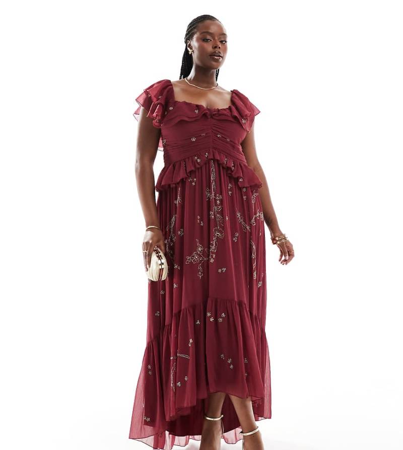 ASOS DESIGN Curve - Schulterfreies Midikleid in Burgunderrot mit Verzierung und Zierausschnitt von ASOS Curve