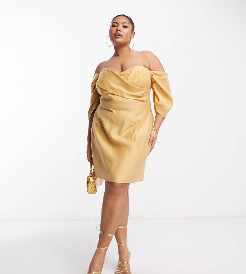 ASOS DESIGN Curve - Schulterfreies Minikleid in verwaschenem Steinbeige mit Faltendetails und gewickelter Brustpartie-Neutral von ASOS Curve