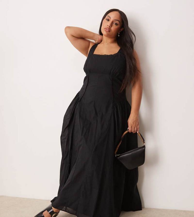 ASOS DESIGN Curve - Schwarzes Prärie-Maxikleid mit eckigem Ausschnitt und tief angesetzter Taille von ASOS Curve
