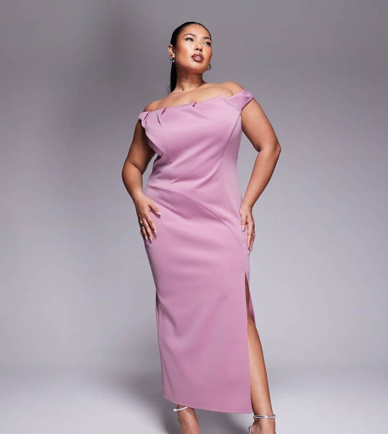 ASOS DESIGN Curve - Scuba-Midikleid in Rosé mit gefaltetem Carmen-Ausschnitt-Rot von ASOS Curve