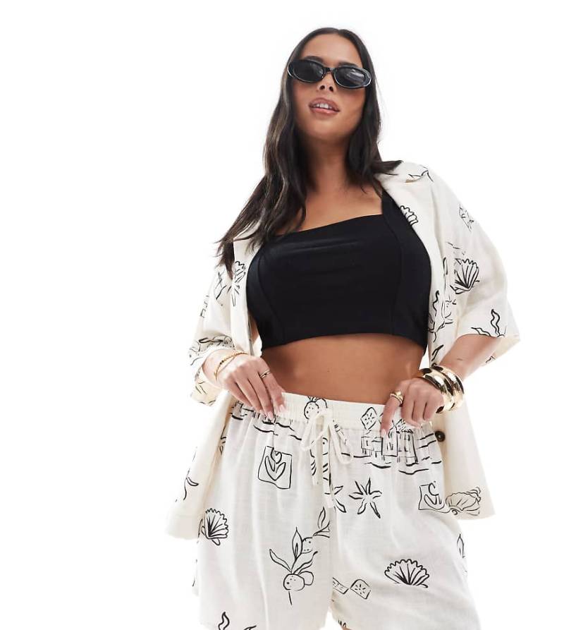 ASOS DESIGN Curve - Shorts aus Leinenmix mit skizzenhaftem Print, Kombiteil-Bunt von ASOS Curve