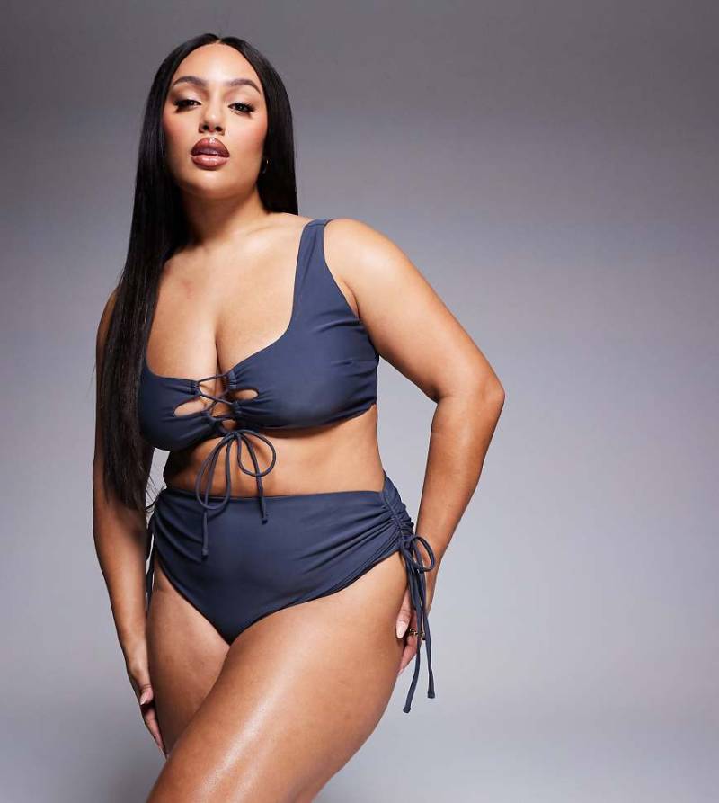 ASOS DESIGN Curve - Sierra - Bikinihose in Schiefergrau mit hohem Bund und seitlichen Bindebändern von ASOS Curve