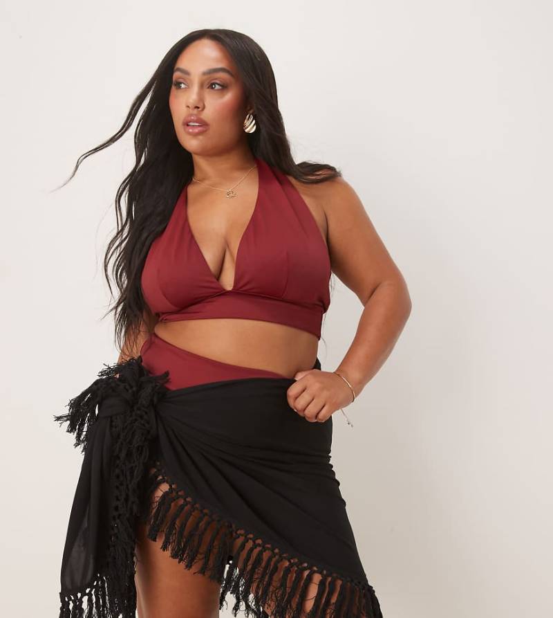 ASOS DESIGN Curve - Strand-Sarong in Schwarz mit Fransen von ASOS Curve