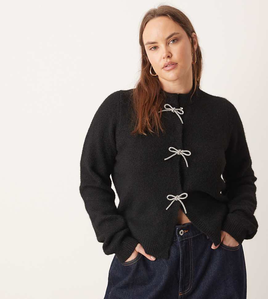ASOS DESIGN Curve - Strickjacke in Schwarz mit Strass-Schleifen vorn von ASOS Curve