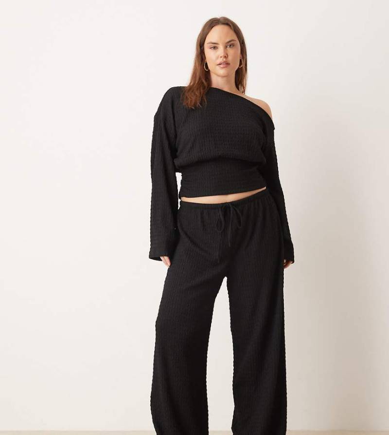 ASOS DESIGN Curve - Strukturierte Hose in Schwarz mit weitem Bein und Bindedetail an der Taille, Kombiteil von ASOS Curve