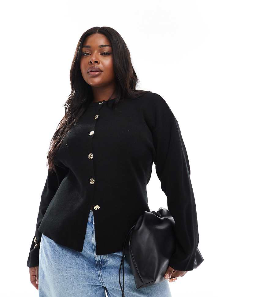 ASOS DESIGN Curve - Strukturierte Strickjacke in Schwarz mit Rundhalsausschnitt und goldenen Knöpfen von ASOS Curve