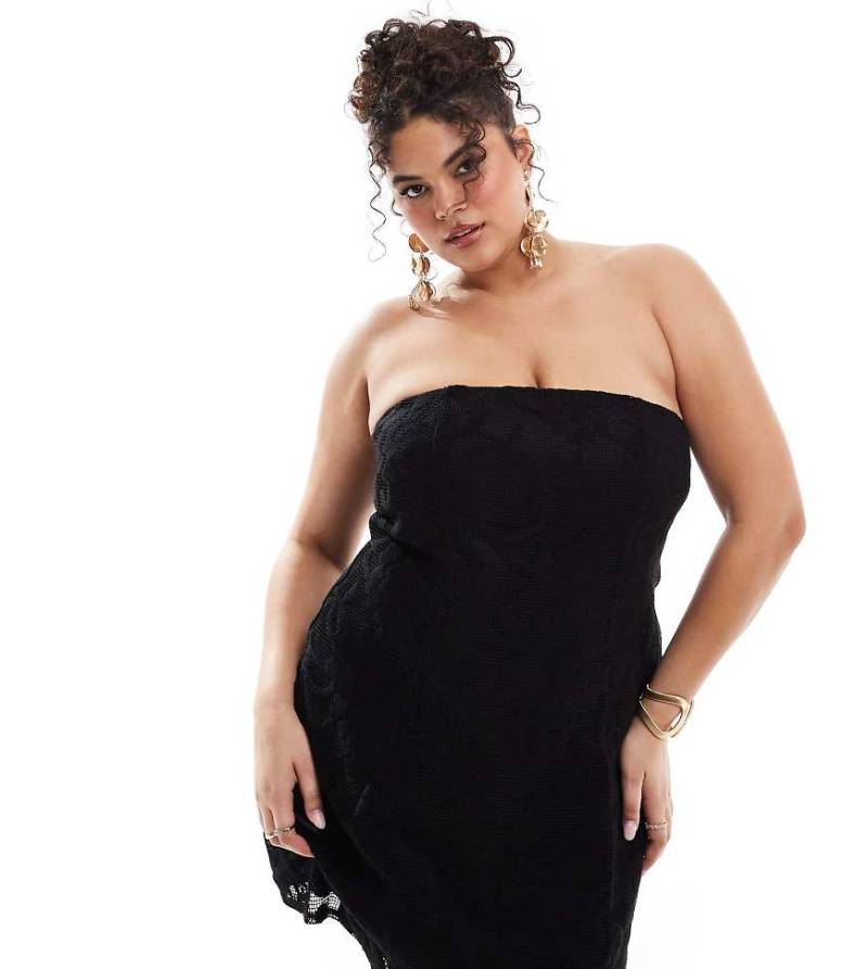 ASOS DESIGN Curve - Strukturiertes, trägerloses Minikleid in Schwarz mit Spitzen-Overlay von ASOS Curve
