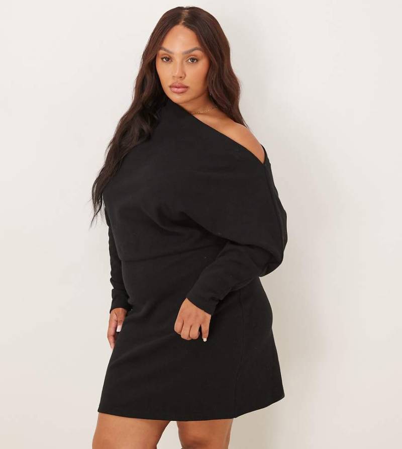 ASOS DESIGN Curve - Superweiches, langärmliges Minikleid in Schwarz mit abfallender Schulterpartie von ASOS Curve