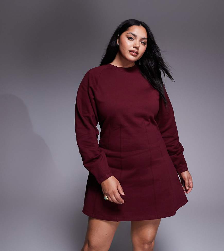 ASOS DESIGN Curve - Sweat-Minikleid aus Baumwolle mit Korsett-Taille in Burgunderrot von ASOS Curve