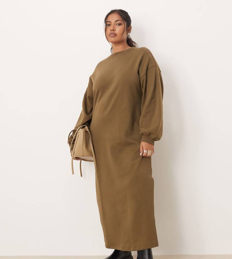 ASOS DESIGN Curve - Sweatshirt-Midikleid aus Baumwolle in Khaki mit Ballonärmeln-Grün von ASOS Curve