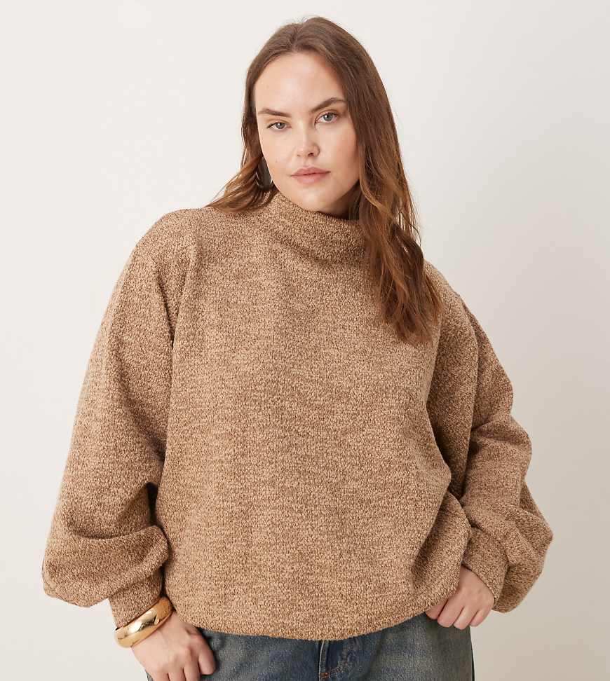 ASOS DESIGN Curve - Sweatshirt in meliertem Braun mit Stehkragen, Kombiteil-Brown von ASOS Curve