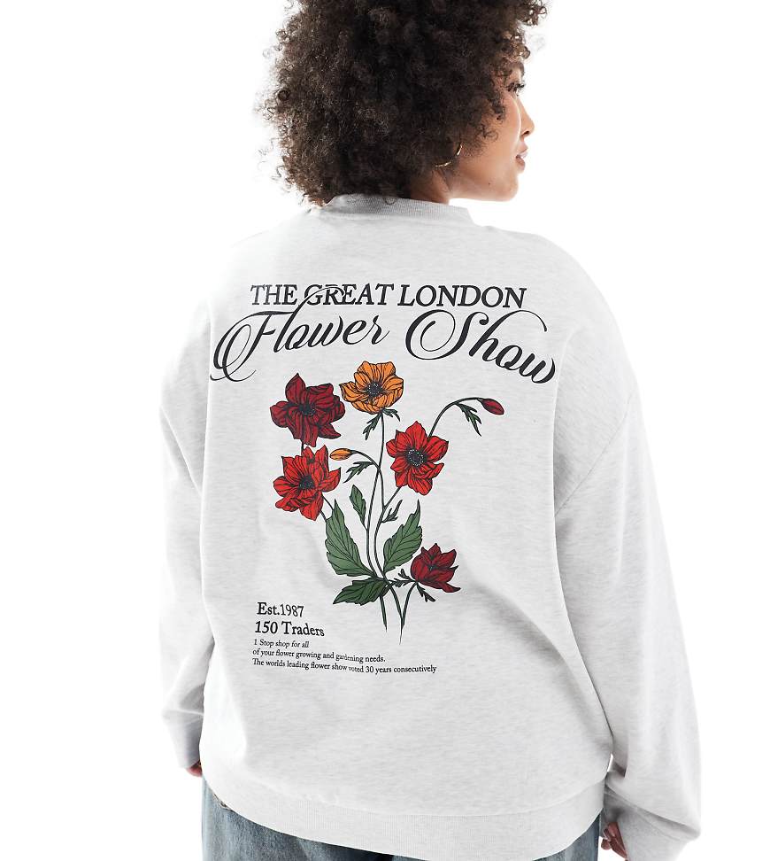 ASOS DESIGN Curve - Sweatshirt in meliertem Eisgrau mit „Flower Show"-Print von ASOS Curve