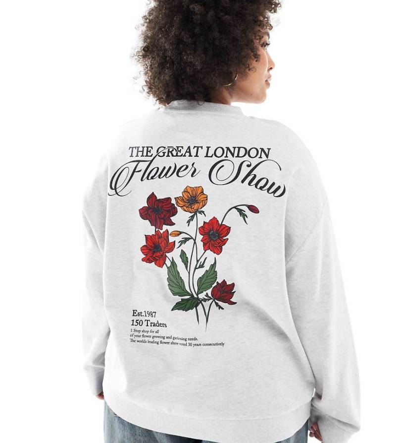 ASOS DESIGN Curve - Sweatshirt in meliertem Eisgrau mit „Flower Show"-Print von ASOS Curve