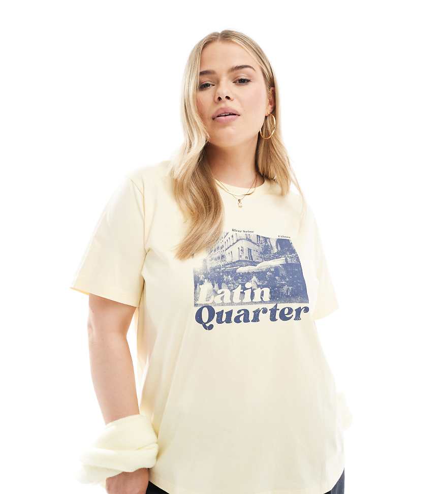 ASOS DESIGN Curve - T-Shirt in Zitronengelb mit „Latin Quarter"-Grafik, in regulärer Passform ASOS DESIGN Curve - T-Shirt in Zitronengelb mit „Latin Quarter"-Grafik, in regulärer Passform von ASOS Curve