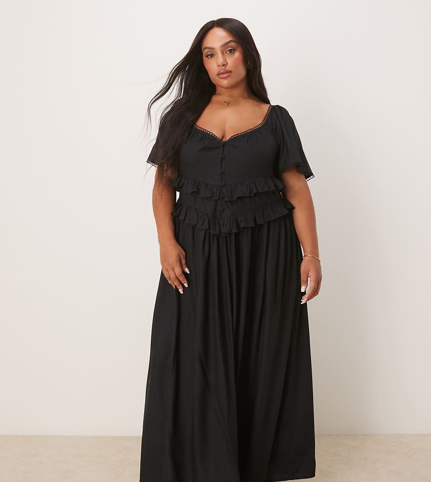 ASOS DESIGN Curve - Tailliertes Maxikleid in Schwarz mit Flatterärmeln ASOS DESIGN Curve - Tailliertes Maxikleid in Schwarz mit Flatterärmeln von ASOS Curve