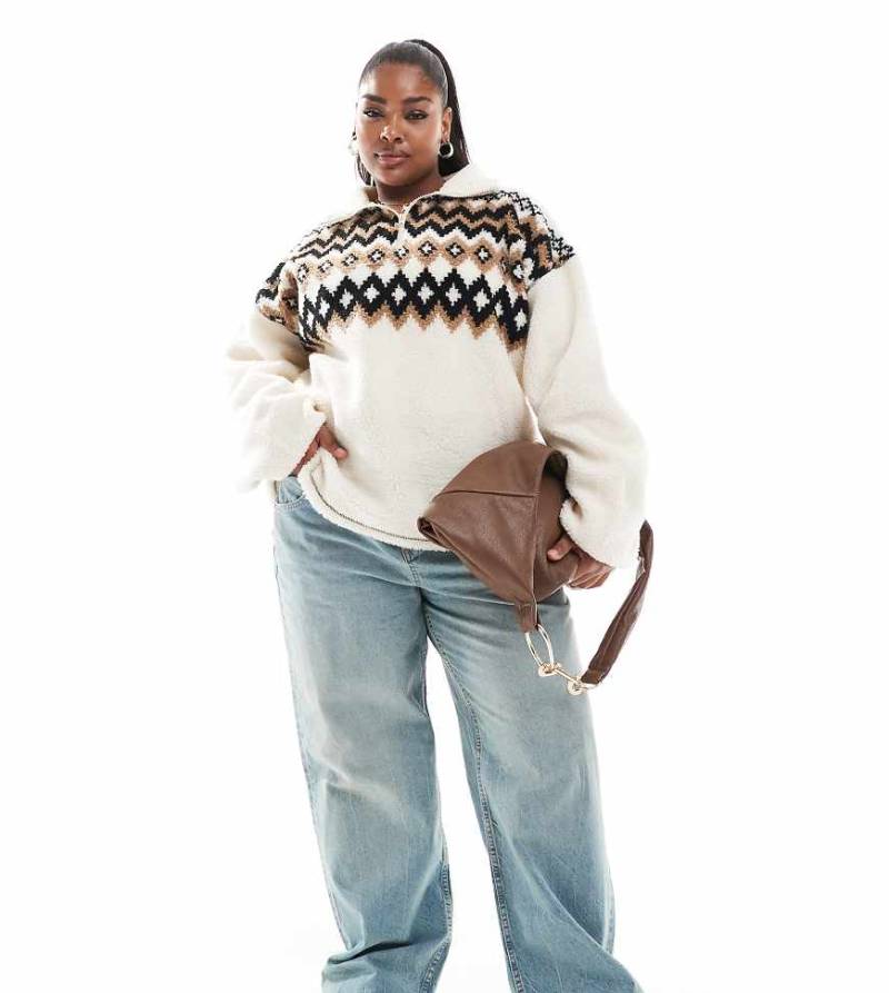 ASOS DESIGN Curve - Teddyfell-Sweatshirt mit kurzem Reißverschluss und Norwegermuster-Bunt von ASOS Curve