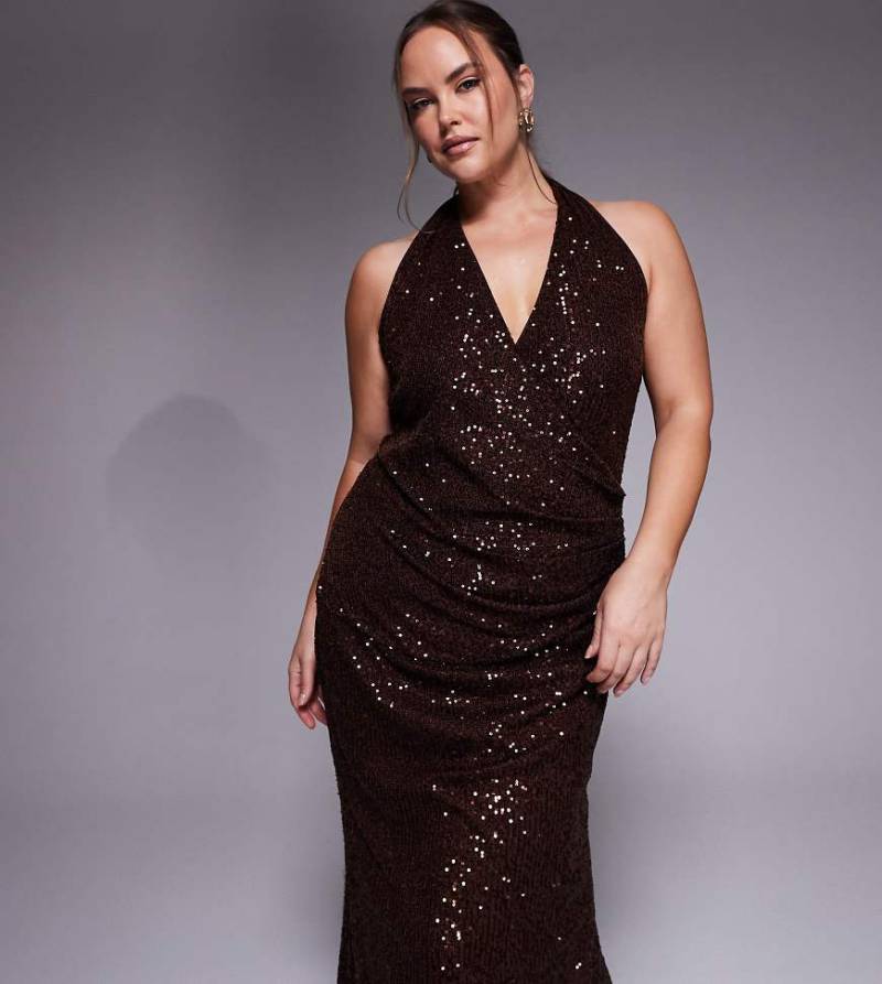 ASOS DESIGN Curve - Tief ausgeschnittenes Pailletten-Maxikleid in Schokobraun-Brown von ASOS Curve