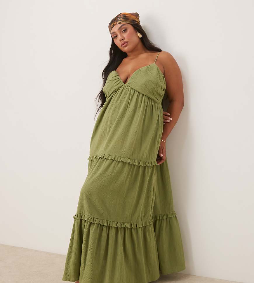 ASOS DESIGN Curve - Träger-Maxikleid in Olivgrün mit Knitteroptik von ASOS Curve