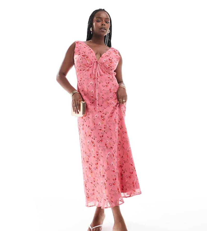 ASOS DESIGN Curve - Trägerkleid mit V-Ausschnitt und Bindedetail am Dekolleté-Bunt von ASOS Curve