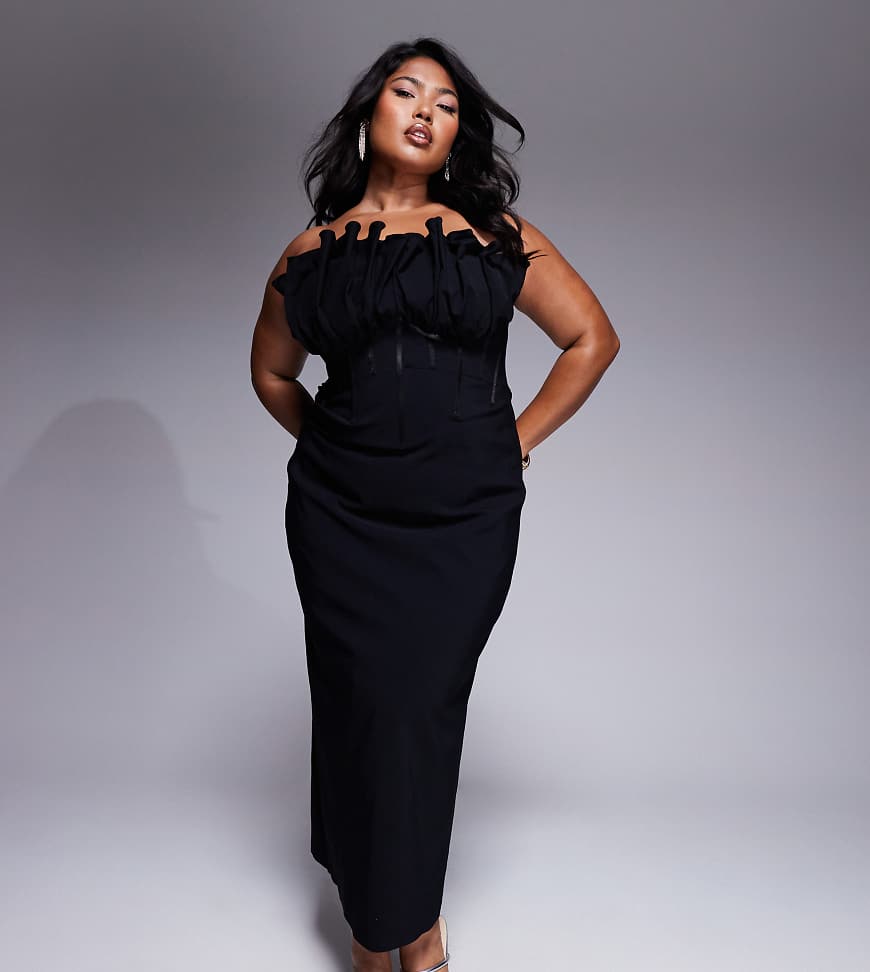 ASOS DESIGN Curve - Trägerloses Korsett-Midikleid in Schwarz mit markantem Rüschenbesatz von ASOS Curve