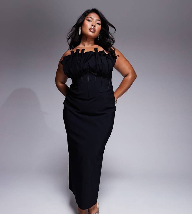 ASOS DESIGN Curve - Trägerloses Korsett-Midikleid in Schwarz mit markantem Rüschenbesatz von ASOS Curve