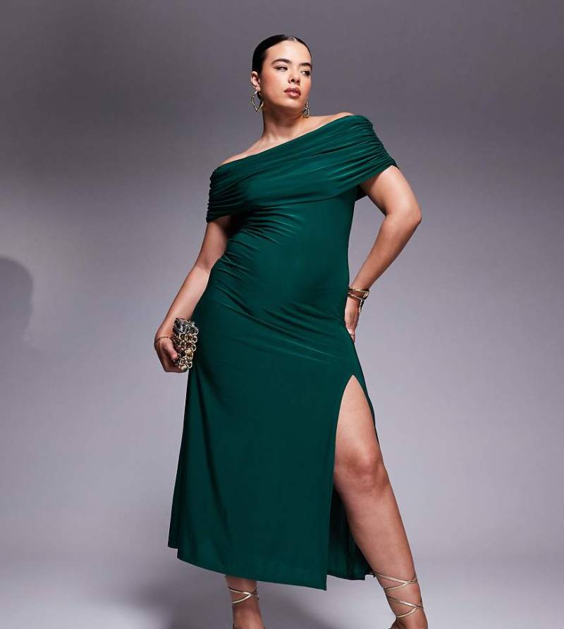ASOS DESIGN Curve - Trägerloses Maxikleid in Flaschengrün mit Schlitz von ASOS Curve