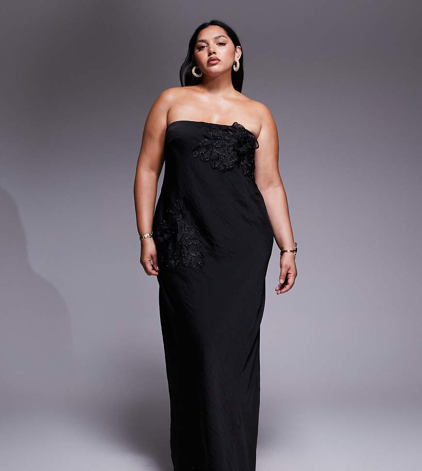 ASOS DESIGN Curve - Trägerloses Maxikleid in Schwarz mit Blumenapplikation von ASOS Curve