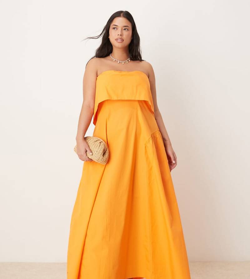 ASOS DESIGN Curve - Trägerloses Midikleid in Orange mit umgeschlagenem Ausschnitt und Godetfalten von ASOS Curve