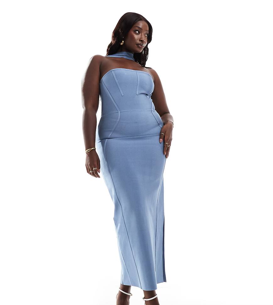 ASOS DESIGN Curve - Trägerloses Midikleid in Stahlblau mit Bandagen-Design und Neckholder-Detail-Braun von ASOS Curve
