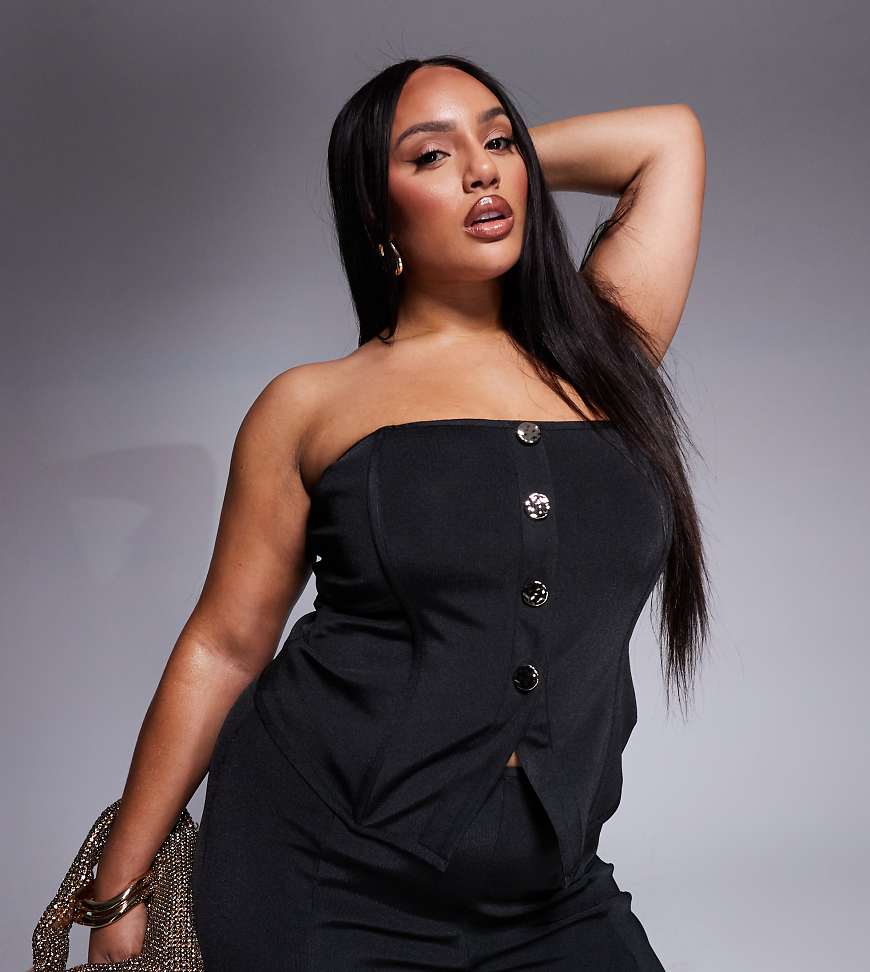 ASOS DESIGN Curve - Trägerloses Oberteil in Schwarz mit Bandagen-Design und goldfarbenem Knopfdetail von ASOS Curve