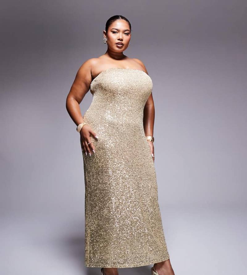 ASOS DESIGN Curve - Trägerloses Pailletten-Midikleid in Gold-Goldfarben von ASOS Curve