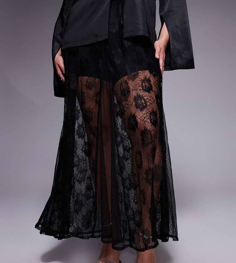 ASOS DESIGN Curve - Transparenter Maxirock aus Spitzen-Mix in Schwarz mit Godet-Details von ASOS Curve