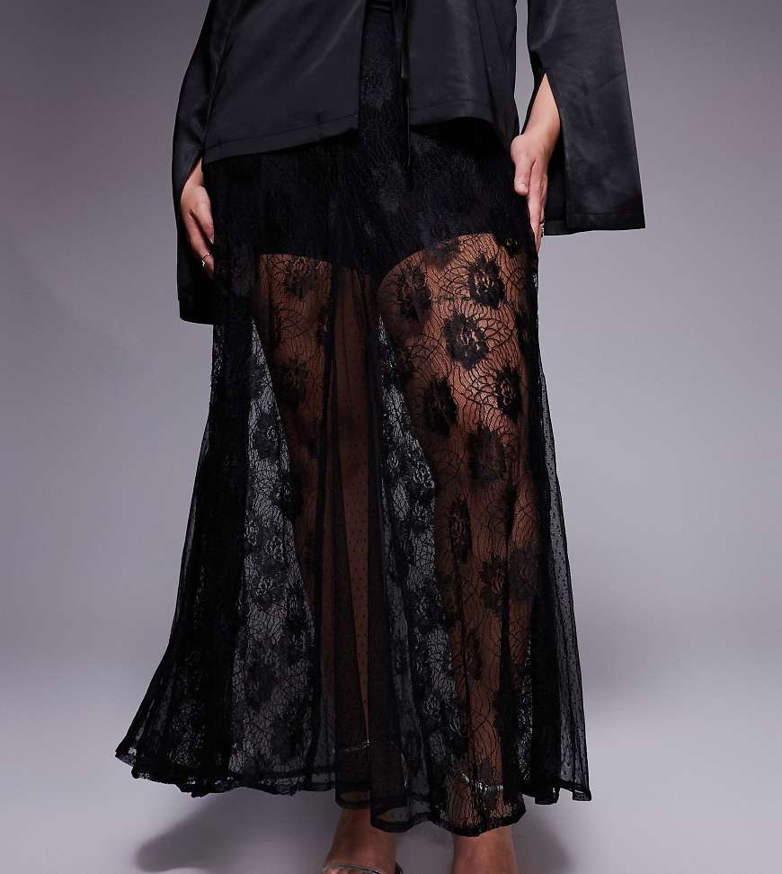 ASOS DESIGN Curve - Transparenter Maxirock aus Spitzen-Mix in Schwarz mit Godet-Details von ASOS Curve