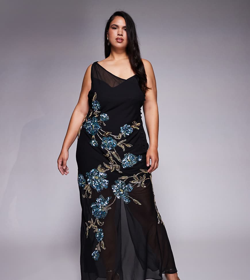 ASOS DESIGN Curve - Transparentes, verziertes Maxikleid in Schwarz mit herabfließendem Blumenmotiv von ASOS Curve