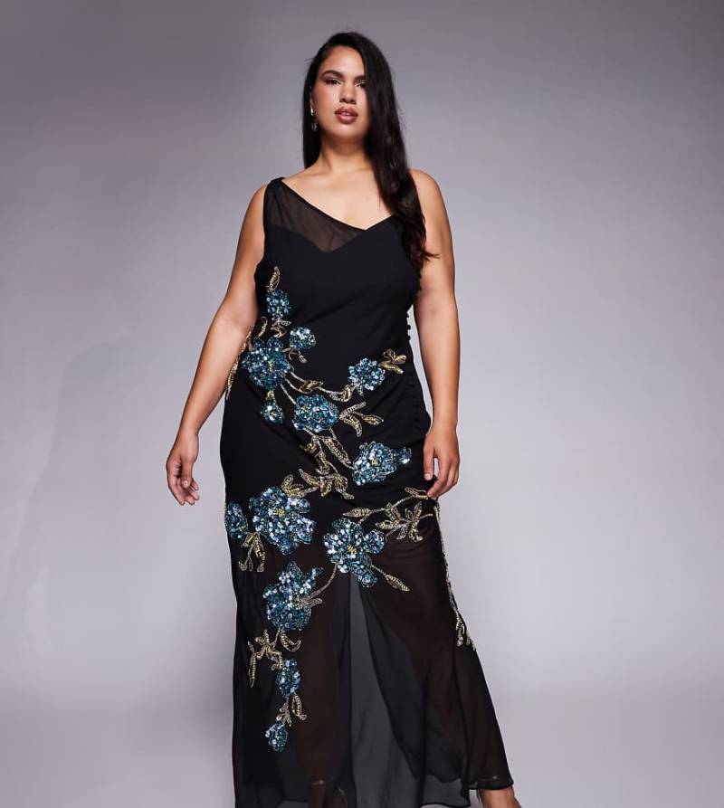 ASOS DESIGN Curve - Transparentes, verziertes Maxikleid in Schwarz mit herabfließendem Blumenmotiv von ASOS Curve
