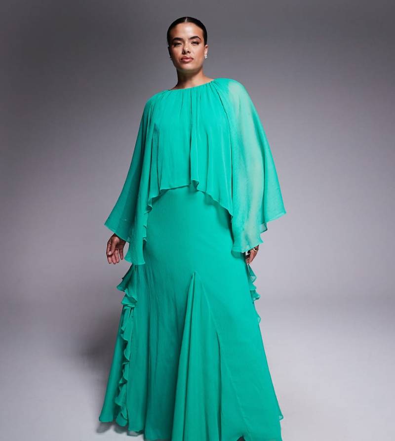 ASOS DESIGN Curve - Trapezförmiges Chiffon-Maxikleid in leuchtendem Aqua mit Overlay und Rüschen-Blau von ASOS Curve