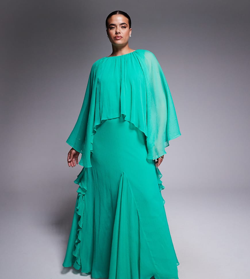 ASOS DESIGN Curve - Trapezförmiges Chiffon-Maxikleid in leuchtendem Aqua mit Overlay und Rüschen-Blau von ASOS Curve