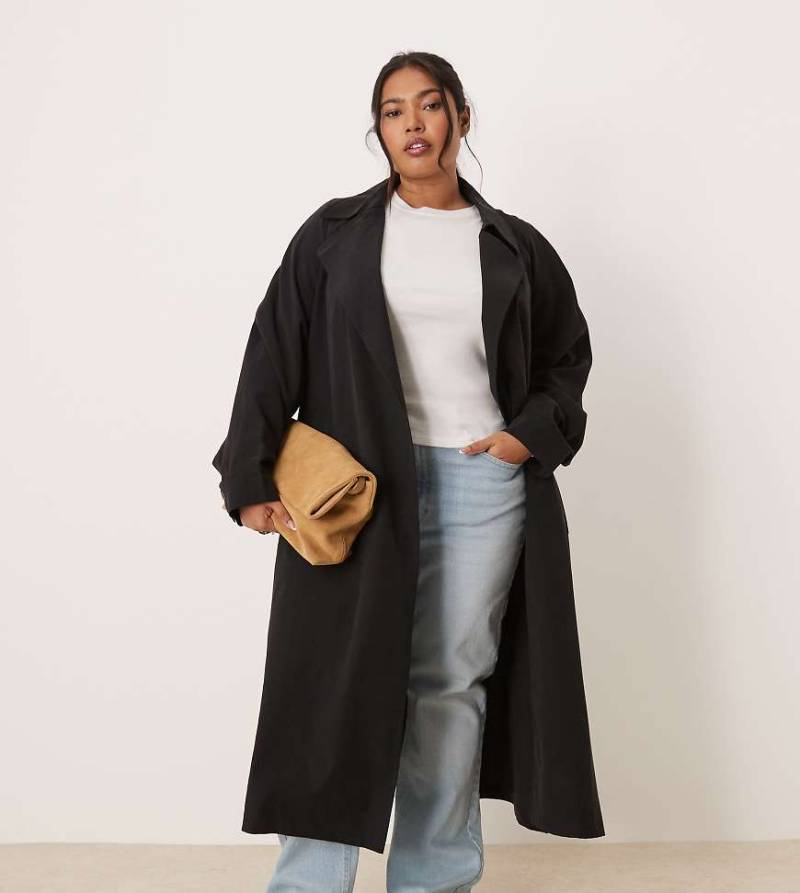 ASOS DESIGN Curve - Trenchcoat in Schwarz mit Wasserfallkragen von ASOS Curve