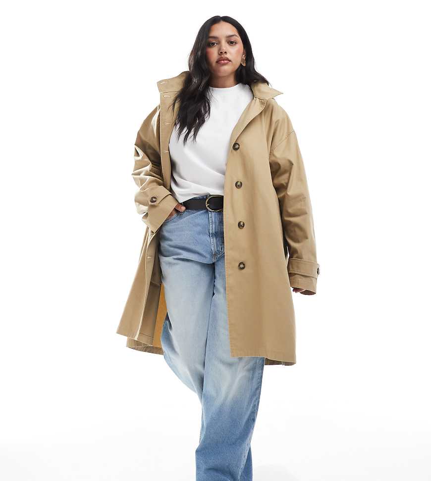 ASOS DESIGN Curve - Trenchcoat in verwaschenem Steinbeige mit Kapuze-Neutral von ASOS Curve