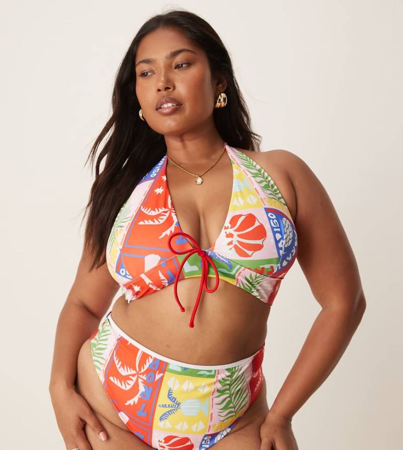 ASOS DESIGN Curve - Trinny - Glattes Triangel-Bikinioberteil mit Paradiso-Muster-Bunt von ASOS Curve