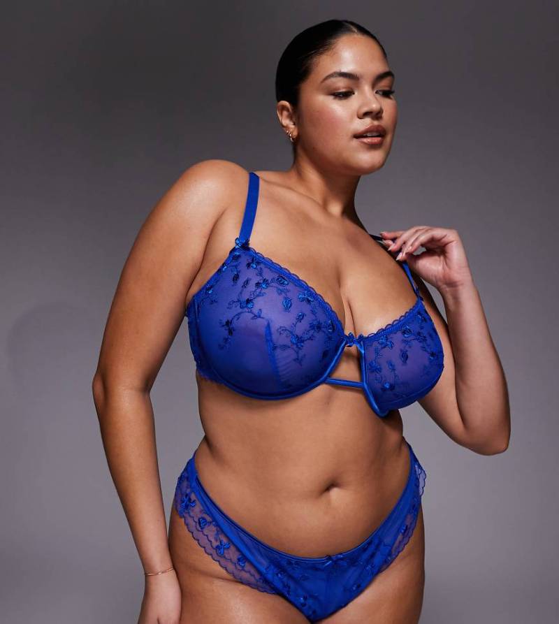 ASOS DESIGN Curve - Valentina - Tanga in Kobaltblau mit Blumenstickerei und Satin-Einfassung von ASOS Curve